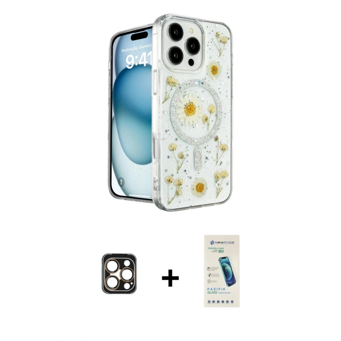 MARSİLYAN™- iPhone 16 Pro Max Kılıf Kozmos Doku - Şeffaf Pasifik Cam Ekran Koruyucu + PVD Metal Kamera Lens - GD