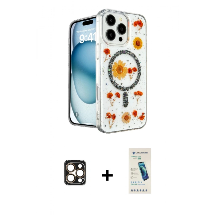 MARSİLYAN™- iPhone 16 Pro Max Kılıf Kozmos Doku - Şeffaf Pasifik Cam Ekran Koruyucu + PVD Metal Kamera Lens - GD