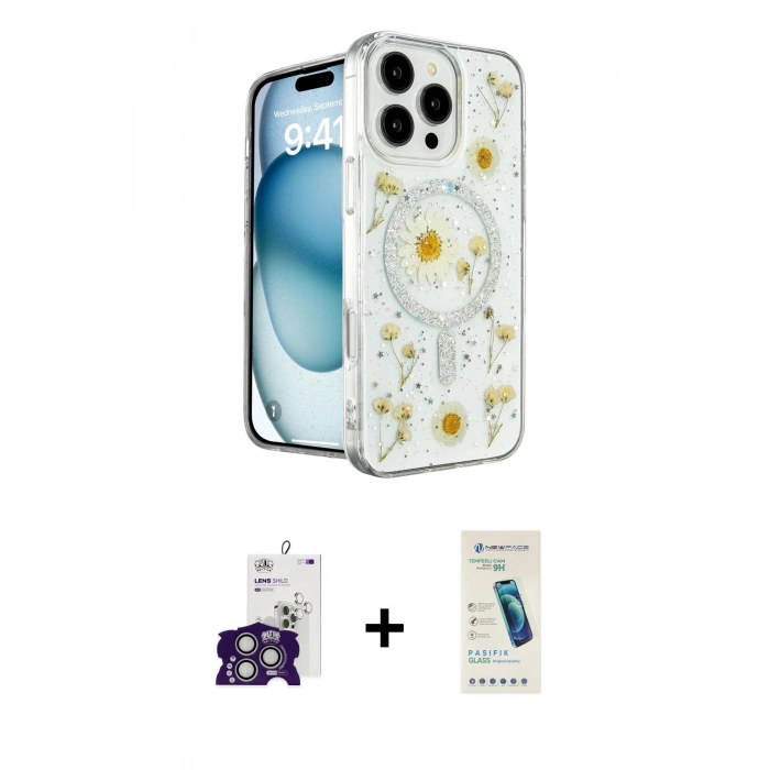 MARSİLYAN™- iPhone 16 Pro Max Kılıf Kozmos Doku - Şeffaf Pasifik Cam Ekran Koruyucu + Bilvis Titan Kamera Lens - GS