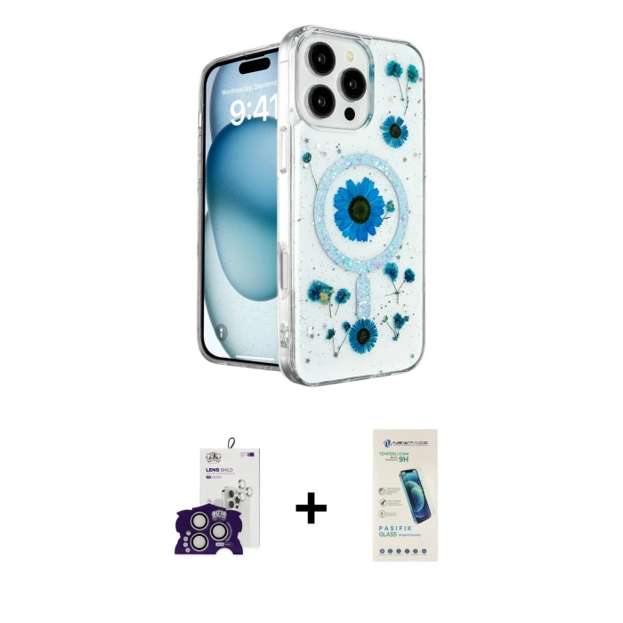 MARSİLYAN™- iPhone 16 Pro Max Kılıf Kozmos Doku - Şeffaf Pasifik Cam Ekran Koruyucu + Bilvis Titan Kamera Lens - GS