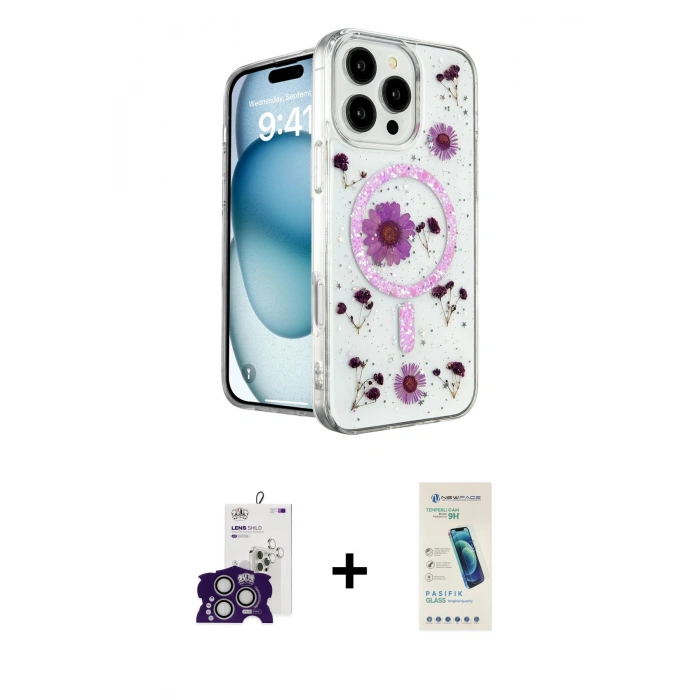 MARSİLYAN™- iPhone 16 Pro Max Kılıf Kozmos Doku - Şeffaf Pasifik Cam Ekran Koruyucu + Bilvis Titan Kamera Lens - GS