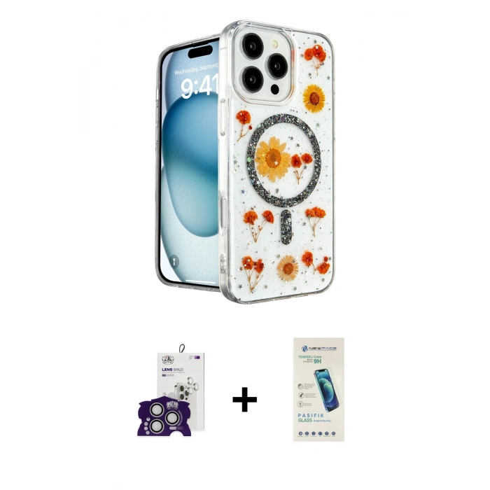 MARSİLYAN™- iPhone 16 Pro Max Kılıf Kozmos Doku - Şeffaf Pasifik Cam Ekran Koruyucu + Bilvis Titan Kamera Lens - GS