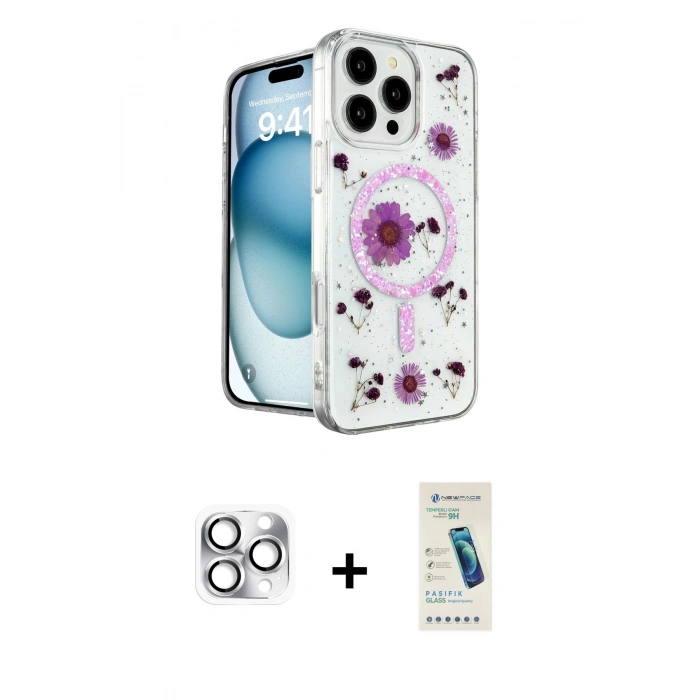 MARSİLYAN™- iPhone 16 Pro Max Kılıf Kozmos Doku - Şeffaf Pasifik Cam Ekran Koruyucu + Pers Alüminyum Kamera Lens - GS