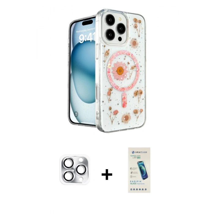 MARSİLYAN™- iPhone 16 Pro Max Kılıf Kozmos Doku - Şeffaf Pasifik Cam Ekran Koruyucu + Pers Alüminyum Kamera Lens - GS