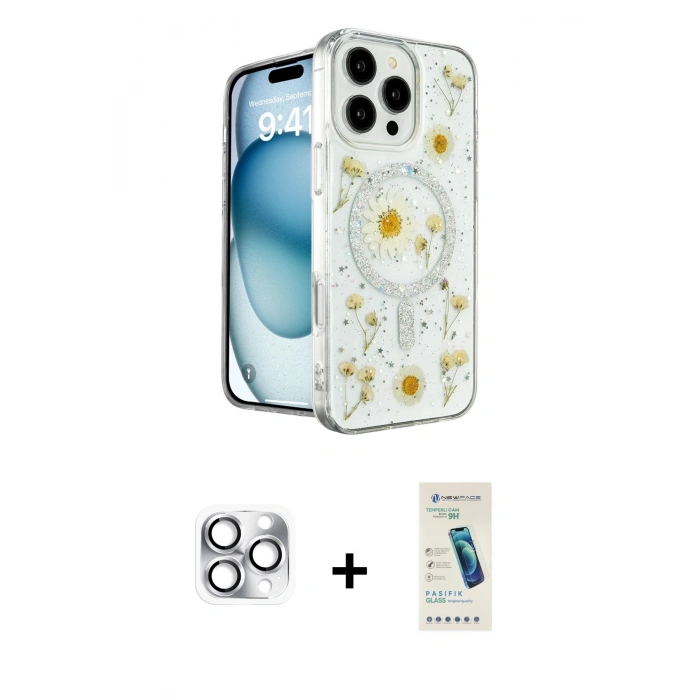 MARSİLYAN™- iPhone 16 Pro Max Kılıf Kozmos Doku - Şeffaf Pasifik Cam Ekran Koruyucu + Pers Alüminyum Kamera Lens - GS