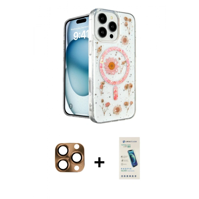 MARSİLYAN™- iPhone 16 Pro Max Kılıf Kozmos Doku - Şeffaf Pasifik Cam Ekran Koruyucu + Pers Alüminyum Kamera Lens - CLTM