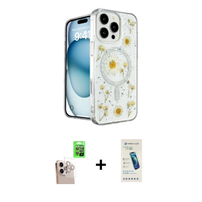 MARSİLYAN™- iPhone 16 Pro Max Kılıf Kozmos Doku - Şeffaf Pasifik Cam Ekran Koruyucu + Raze Metal Kamera Lens - NLGY