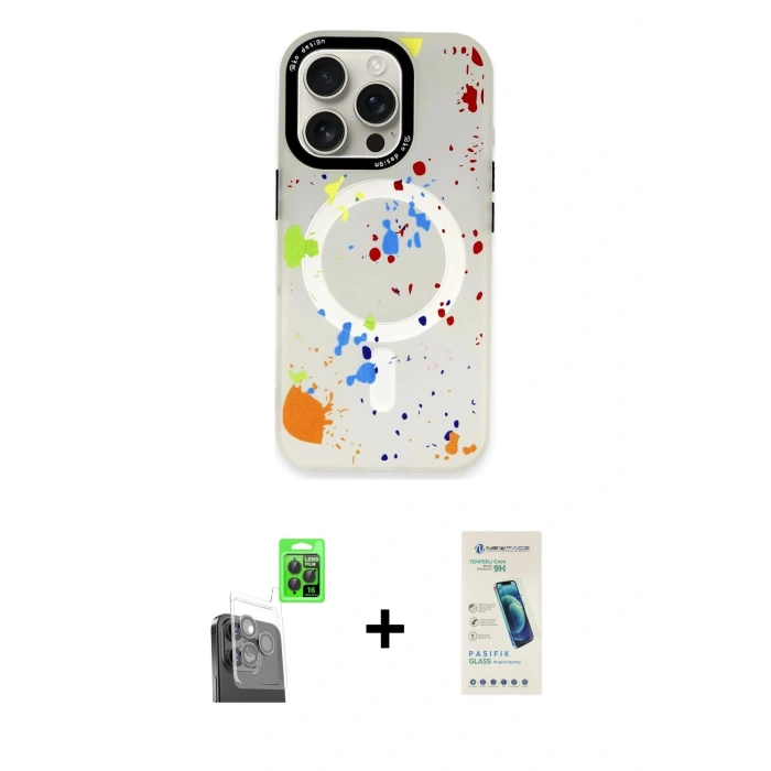 MARSİLYAN™- iPhone 16 Pro Max Kılıf Kozmos Doku - Şeffaf Pasifik Cam Ekran Koruyucu + Raze Metal Kamera Lens - SH