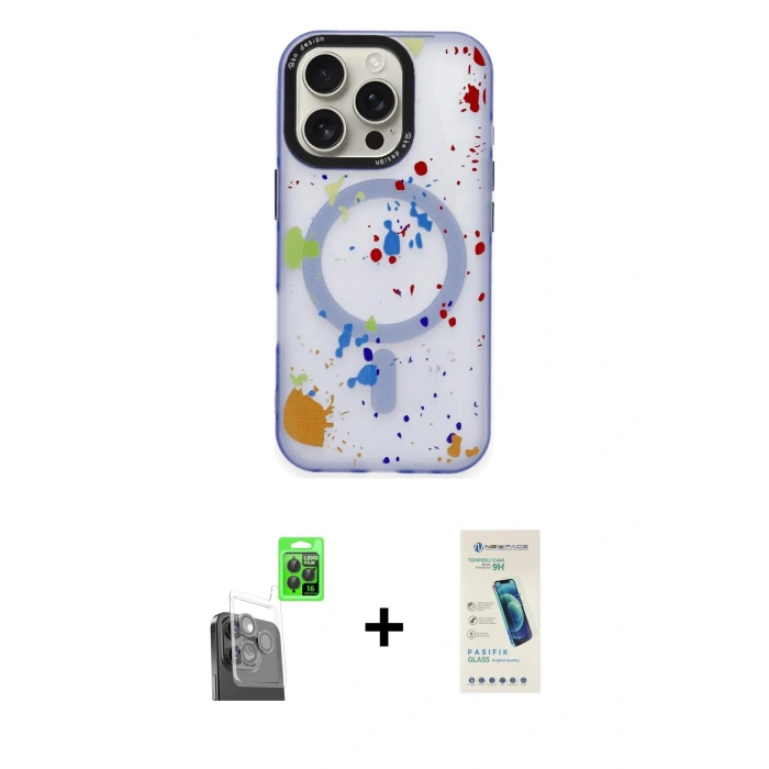 MARSİLYAN™- iPhone 16 Pro Max Kılıf Kozmos Doku - Şeffaf Pasifik Cam Ekran Koruyucu + Raze Metal Kamera Lens - SH