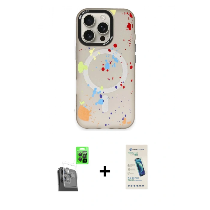 MARSİLYAN™- iPhone 16 Pro Max Kılıf Kozmos Doku - Şeffaf Pasifik Cam Ekran Koruyucu + Raze Metal Kamera Lens - SH