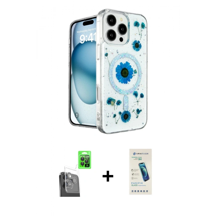 MARSİLYAN™- iPhone 16 Pro Max Kılıf Kozmos Doku - Şeffaf Pasifik Cam Ekran Koruyucu + Raze Metal Kamera Lens - SH