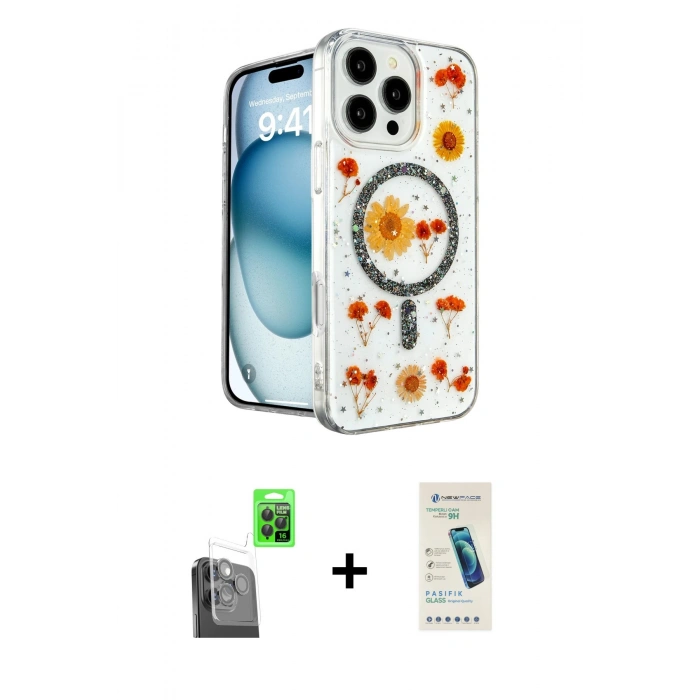 MARSİLYAN™- iPhone 16 Pro Max Kılıf Kozmos Doku - Şeffaf Pasifik Cam Ekran Koruyucu + Raze Metal Kamera Lens - SH