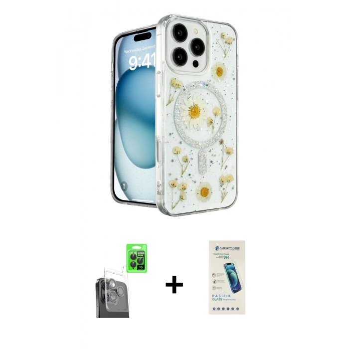 MARSİLYAN™- iPhone 16 Pro Max Kılıf Kozmos Doku - Şeffaf Pasifik Cam Ekran Koruyucu + Raze Metal Kamera Lens - SH