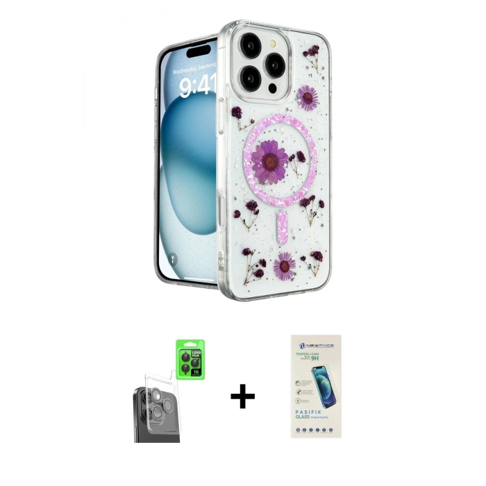 MARSİLYAN™- iPhone 16 Pro Max Kılıf Kozmos Doku - Şeffaf Pasifik Cam Ekran Koruyucu + Raze Metal Kamera Lens - SH