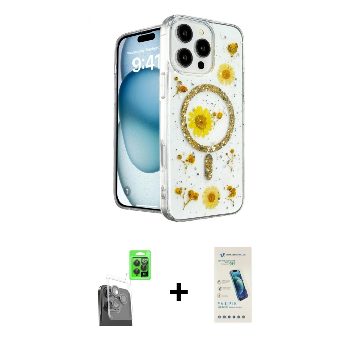 MARSİLYAN™- iPhone 16 Pro Max Kılıf Kozmos Doku - Şeffaf Pasifik Cam Ekran Koruyucu + Raze Metal Kamera Lens - SH