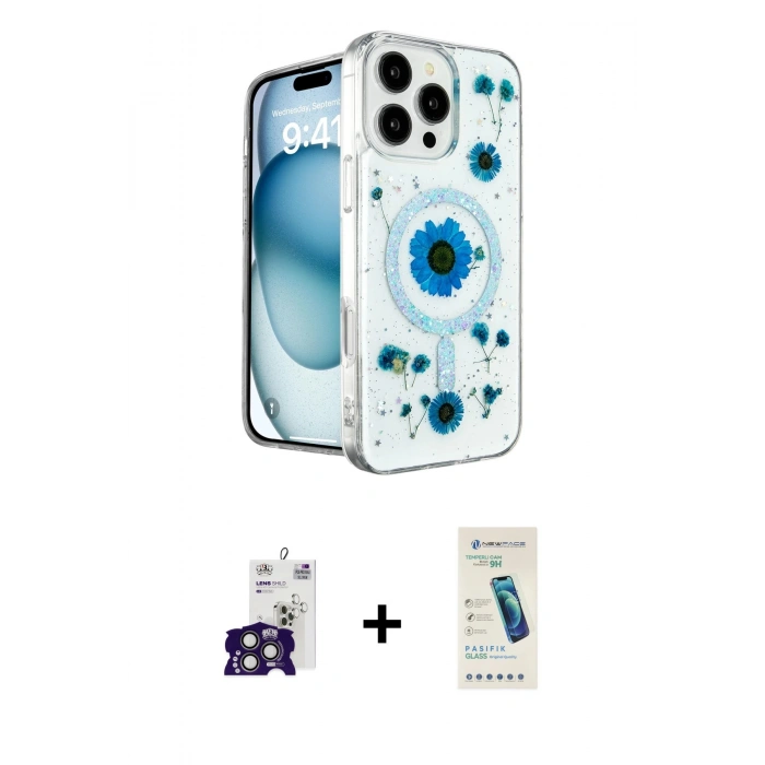 MARSİLYAN™- iPhone 16 Pro Max Kılıf Kozmos Doku - Şeffaf Pasifik Cam Ekran Koruyucu + Bilvis Titan Kamera Lens - TMGI