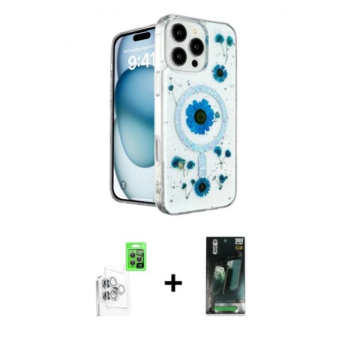 MARSİLYAN™- iPhone 16 Pro Max Kılıf Kozmos Doku - Siyah 360 Mat Full Body Arka Koruyucu + Raze Metal Kamera Lens - BZ