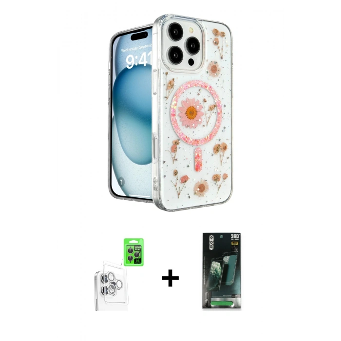 MARSİLYAN™- iPhone 16 Pro Max Kılıf Kozmos Doku - Siyah 360 Mat Full Body Arka Koruyucu + Raze Metal Kamera Lens - BZ