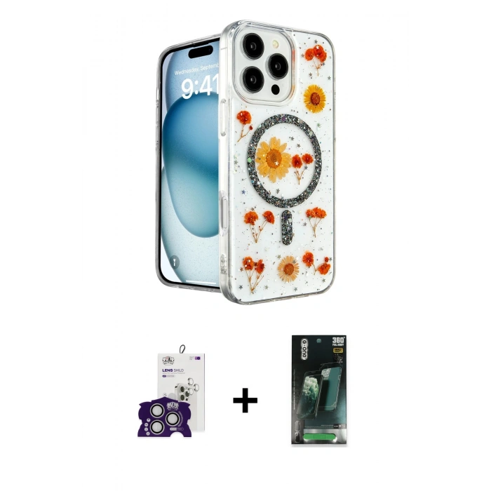 MARSİLYAN™- iPhone 16 Pro Max Kılıf Kozmos Doku - Siyah 360 Mat Full Body Arka Koruyucu + Gümüş Bilvis Titan Kamera Lens