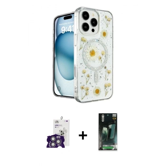 MARSİLYAN™- iPhone 16 Pro Max Kılıf Kozmos Doku - Siyah 360 Mat Full Body Arka Koruyucu + Gümüş Bilvis Titan Kamera Lens