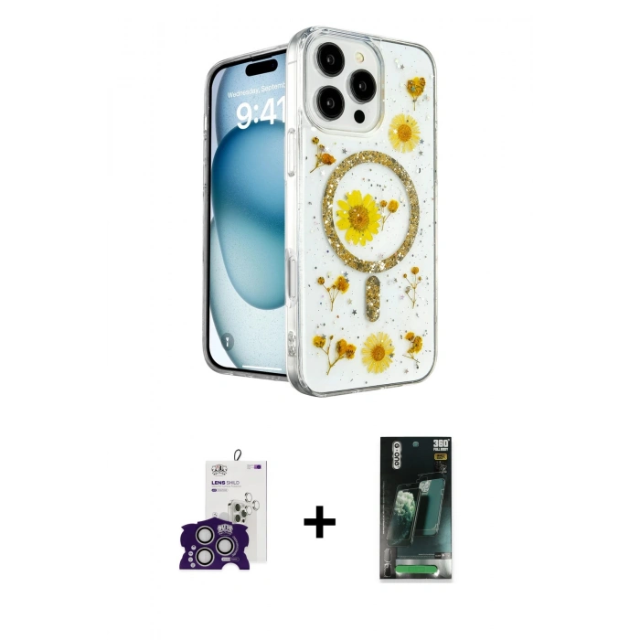 MARSİLYAN™- iPhone 16 Pro Max Kılıf Kozmos Doku - Siyah 360 Mat Full Body Arka Koruyucu + Gümüş Bilvis Titan Kamera Lens