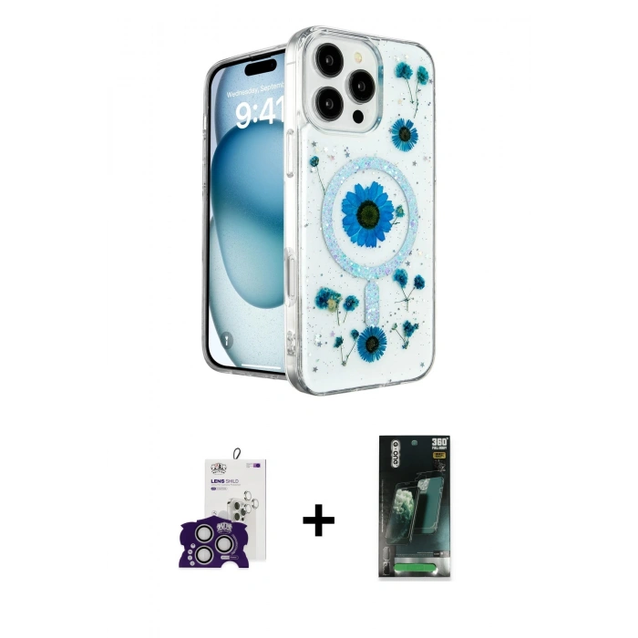 MARSİLYAN™- iPhone 16 Pro Max Kılıf Kozmos Doku - Siyah 360 Mat Full Body Arka Koruyucu + Gümüş Bilvis Titan Kamera Lens
