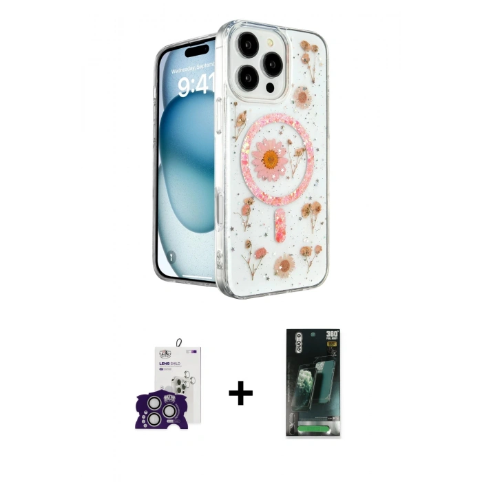 MARSİLYAN™- iPhone 16 Pro Max Kılıf Kozmos Doku - Siyah 360 Mat Full Body Arka Koruyucu + Gümüş Bilvis Titan Kamera Lens