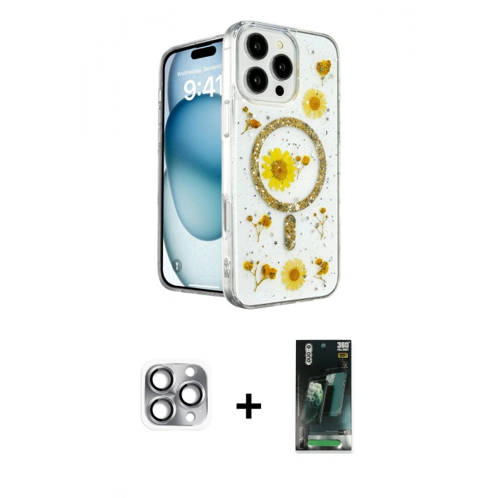 MARSİLYAN™- iPhone 16 Pro Max Kılıf Kozmos Doku - Siyah 360 Mat Full Body Arka Koruyucu + Pers Alüminyum Kamera Lens - GI