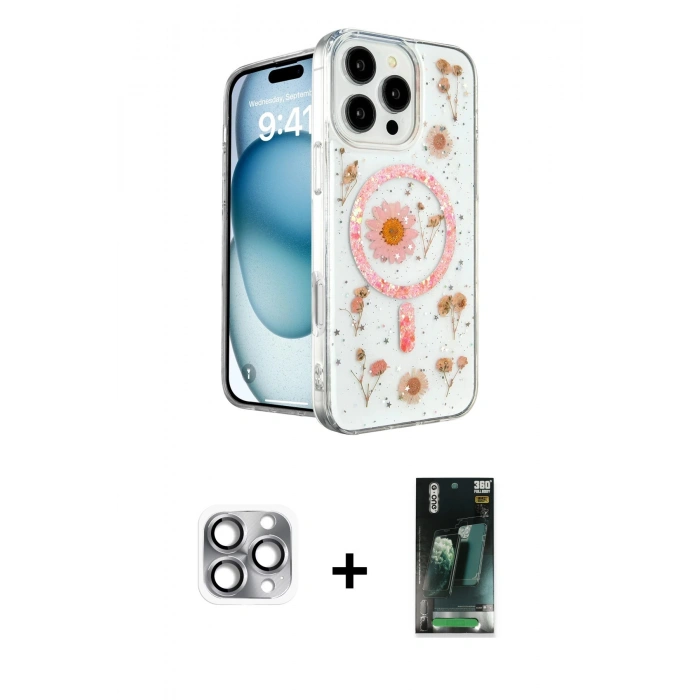 MARSİLYAN™- iPhone 16 Pro Max Kılıf Kozmos Doku - Siyah 360 Mat Full Body Arka Koruyucu + Pers Alüminyum Kamera Lens - GI
