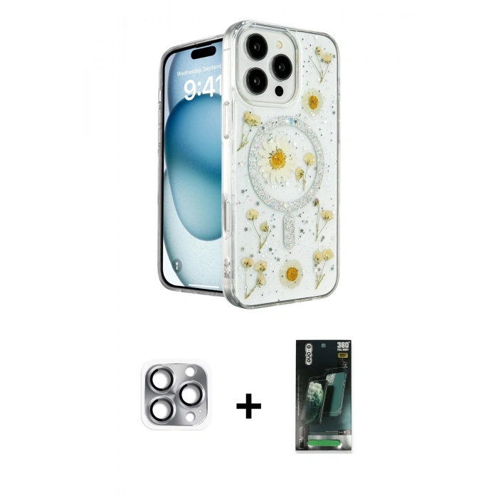 MARSİLYAN™- iPhone 16 Pro Max Kılıf Kozmos Doku - Siyah 360 Mat Full Body Arka Koruyucu + Pers Alüminyum Kamera Lens - GI