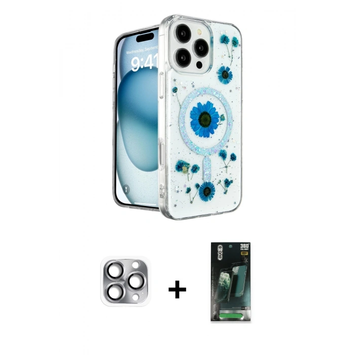 MARSİLYAN™- iPhone 16 Pro Max Kılıf Kozmos Doku - Siyah 360 Mat Full Body Arka Koruyucu + Pers Alüminyum Kamera Lens - GI