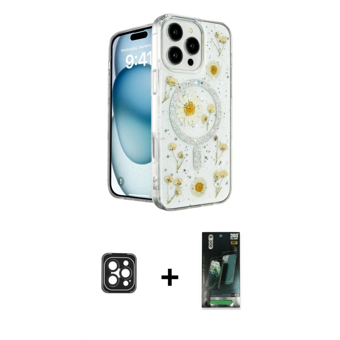 MARSİLYAN™- iPhone 16 Pro Max Kılıf Kozmos Doku - Siyah 360 Mat Full Body Arka Koruyucu + PVD Metal Kamera Lens - SH