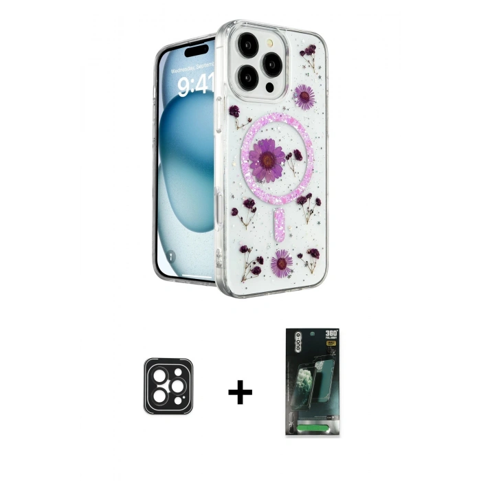 MARSİLYAN™- iPhone 16 Pro Max Kılıf Kozmos Doku - Siyah 360 Mat Full Body Arka Koruyucu + PVD Metal Kamera Lens - SH