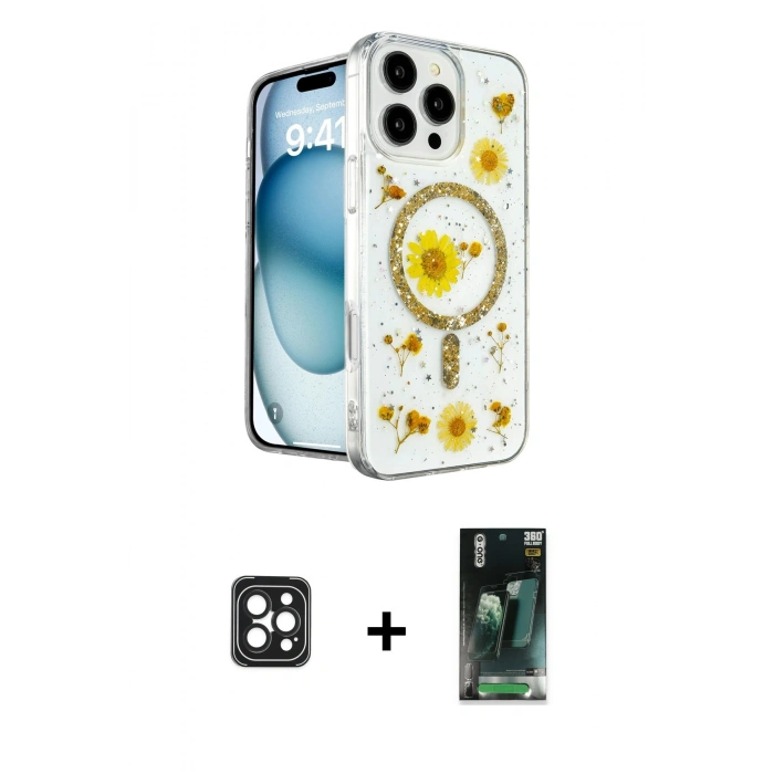 MARSİLYAN™- iPhone 16 Pro Max Kılıf Kozmos Doku - Siyah 360 Mat Full Body Arka Koruyucu + PVD Metal Kamera Lens - SH
