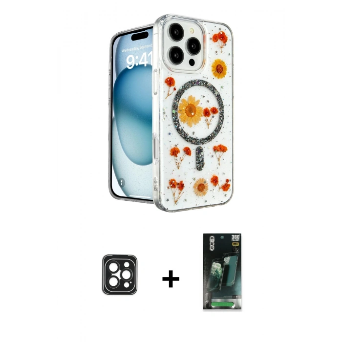 MARSİLYAN™- iPhone 16 Pro Max Kılıf Kozmos Doku - Siyah 360 Mat Full Body Arka Koruyucu + PVD Metal Kamera Lens - SH