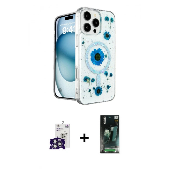 MARSİLYAN™- iPhone 16 Pro Max Kılıf Kozmos Doku - Siyah 360 Mat Full Body Arka Koruyucu + Bilvis Titan Kamera Lens - TMGI
