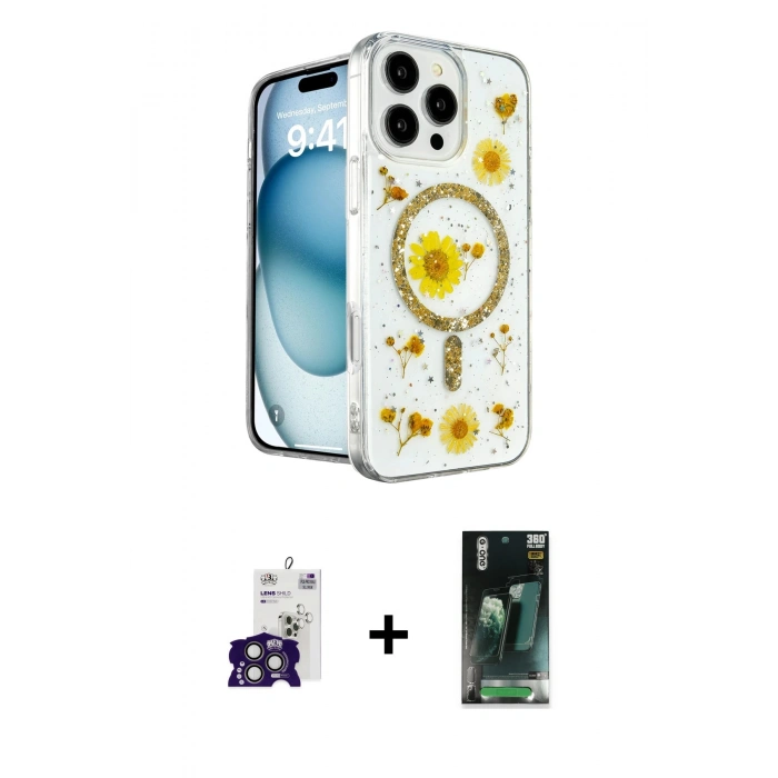 MARSİLYAN™- iPhone 16 Pro Max Kılıf Kozmos Doku - Siyah 360 Mat Full Body Arka Koruyucu + Bilvis Titan Kamera Lens - TMGI