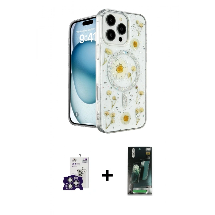 MARSİLYAN™- iPhone 16 Pro Max Kılıf Kozmos Doku - Siyah 360 Mat Full Body Arka Koruyucu + Bilvis Titan Kamera Lens - TMGI