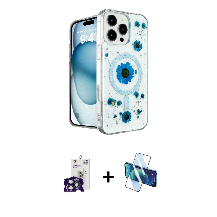 MARSİLYAN™- iPhone 16 Pro Max Kılıf Kozmos Doku - Siyah 3D Antistatik Cam Ekran Koruyucu + Bilvis Titan Kamera Lens - TMGI