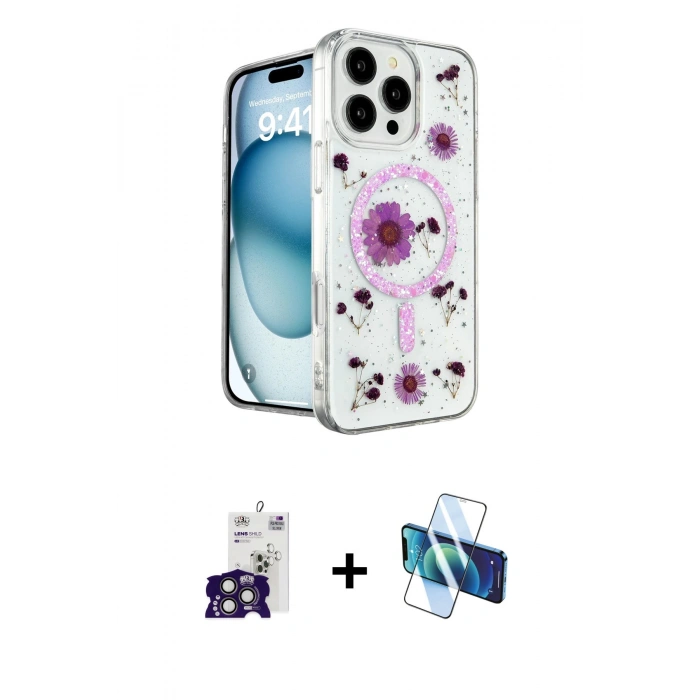 MARSİLYAN™- iPhone 16 Pro Max Kılıf Kozmos Doku - Siyah 3D Antistatik Cam Ekran Koruyucu + Bilvis Titan Kamera Lens - TMGI