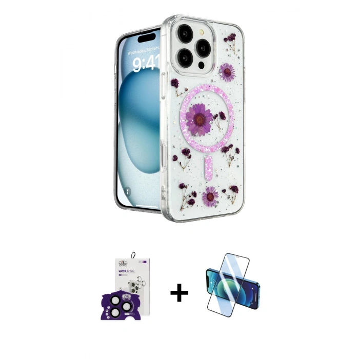 MARSİLYAN™- iPhone 16 Pro Max Kılıf Kozmos Doku - Siyah 3D Antistatik Cam Ekran Koruyucu + Bilvis Titan Kamera Lens - SH