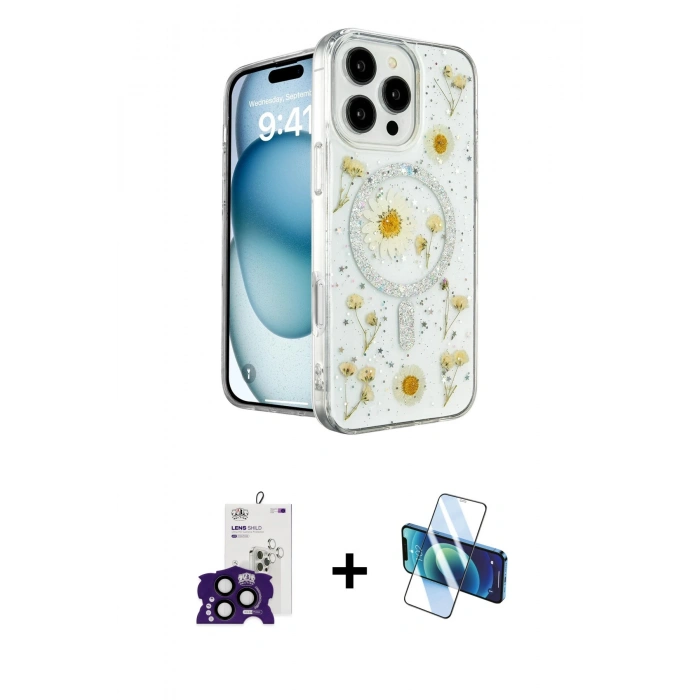 MARSİLYAN™- iPhone 16 Pro Max Kılıf Kozmos Doku - Siyah 3D Antistatik Cam Ekran Koruyucu + Bilvis Titan Kamera Lens - SH
