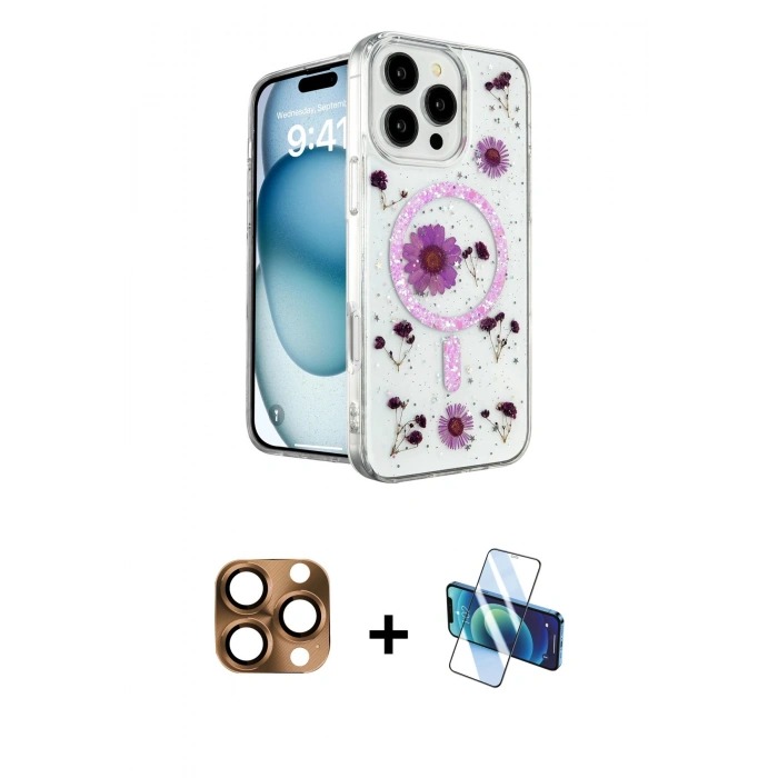 MARSİLYAN™- iPhone 16 Pro Max Kılıf Kozmos Doku - Siyah 3D Antistatik Cam Ekran Koruyucu + Pers Alüminyum Kamera Lens - CLTM