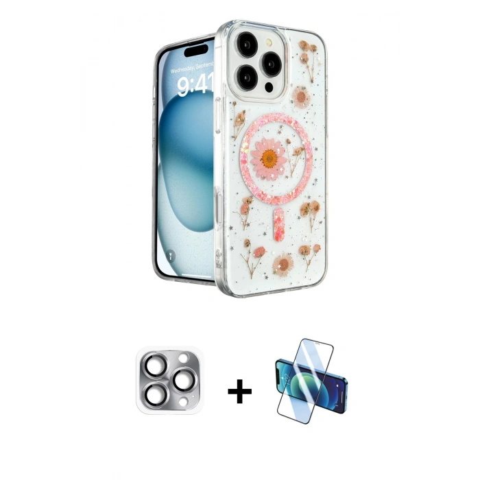MARSİLYAN™- iPhone 16 Pro Max Kılıf Kozmos Doku - Siyah 3D Antistatik Cam Ekran Koruyucu + Pers Alüminyum Kamera Lens - GI
