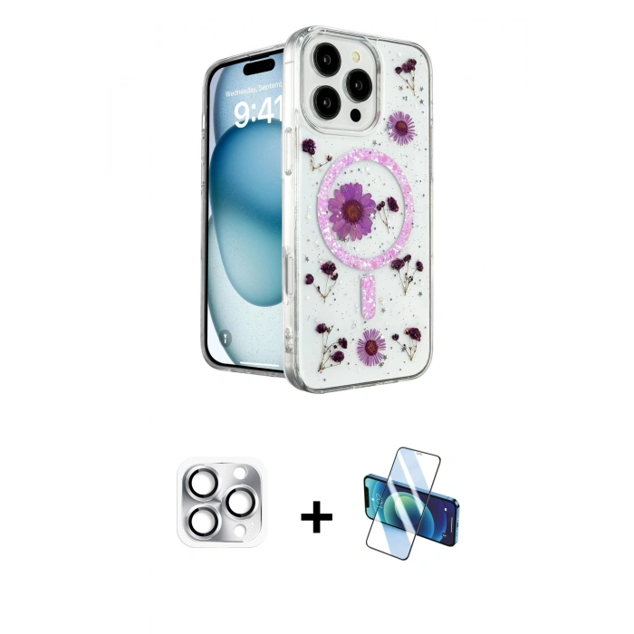 MARSİLYAN™- iPhone 16 Pro Max Kılıf Kozmos Doku - Siyah 3D Antistatik Cam Ekran Koruyucu + Pers Alüminyum Kamera Lens - GS