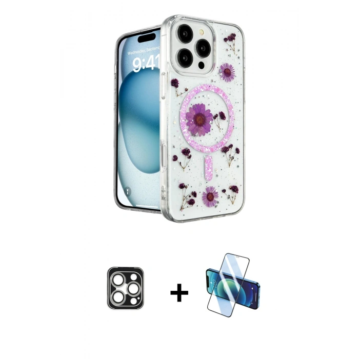 MARSİLYAN™- iPhone 16 Pro Max Kılıf Kozmos Doku - Siyah 3D Antistatik Cam Ekran Koruyucu + PVD Metal Kamera Lens - GS