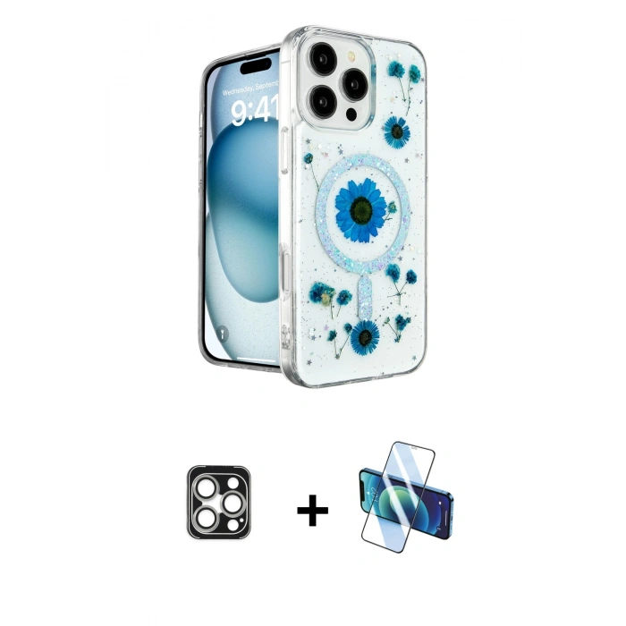 MARSİLYAN™- iPhone 16 Pro Max Kılıf Kozmos Doku - Siyah 3D Antistatik Cam Ekran Koruyucu + PVD Metal Kamera Lens - GS