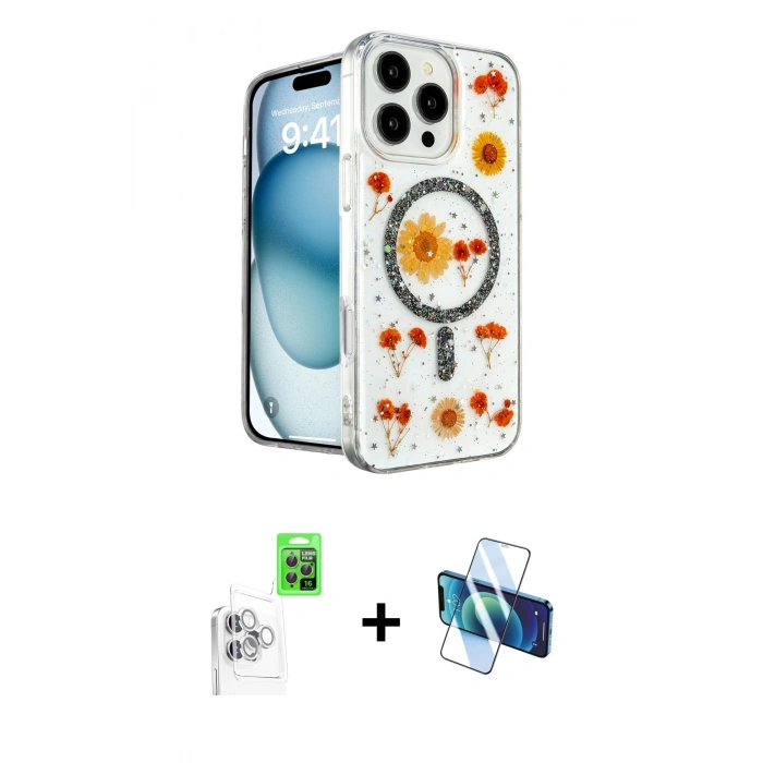 MARSİLYAN™- iPhone 16 Pro Max Kılıf Kozmos Doku - Siyah 3D Antistatik Cam Ekran Koruyucu + Raze Metal Kamera Lens - BZ