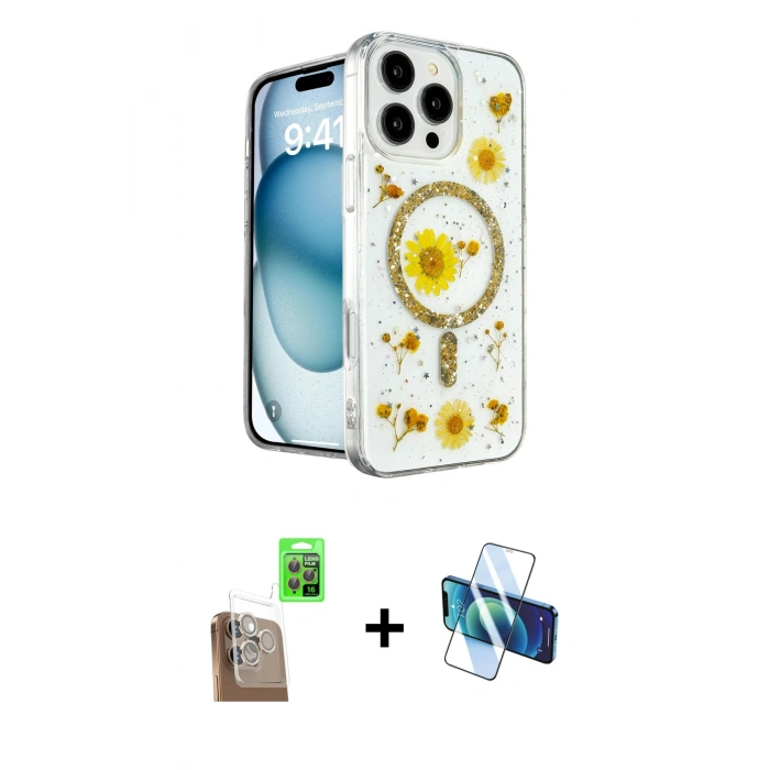 MARSİLYAN™- iPhone 16 Pro Max Kılıf Kozmos Doku - Siyah 3D Antistatik Cam Ekran Koruyucu + Raze Metal Kamera Lens - CLTM
