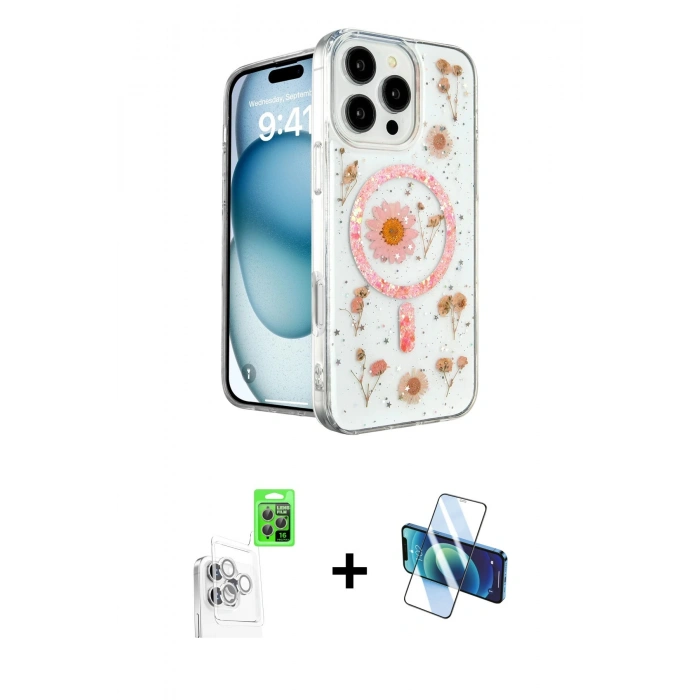 MARSİLYAN™- iPhone 16 Pro Max Kılıf Kozmos Doku - Siyah 3D Antistatik Cam Ekran Koruyucu + Raze Metal Kamera Lens - BZ